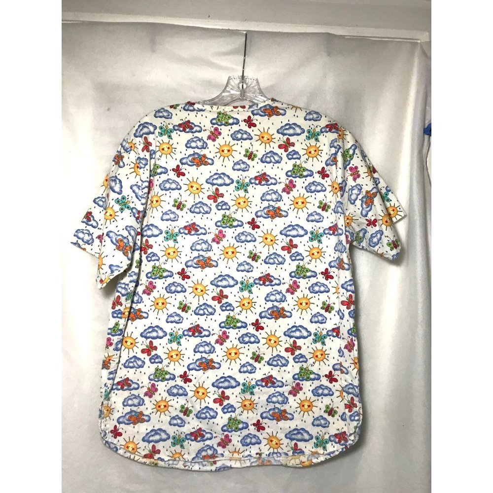 Apples for Life Womens 100% Cotton Scrub Top Size Large White Rain Sun Butterfly - Picture 3 of 3